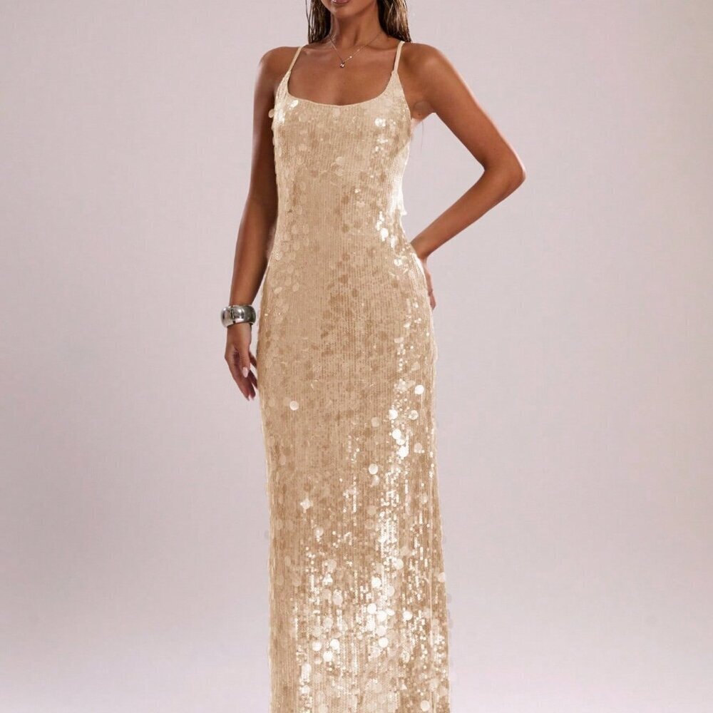 Apricot Sexy Women's Boho Sequins Halter Neck Beach Dress